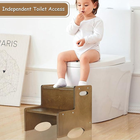 WOOD CITY Toddler Step Stool for Kids, Wooden Brown Two Step Children's Stool with Handles, Bonus Non-Slip Pads for Safety, Bathroom Potty Stool & Kitchen Step Stools Dual Height