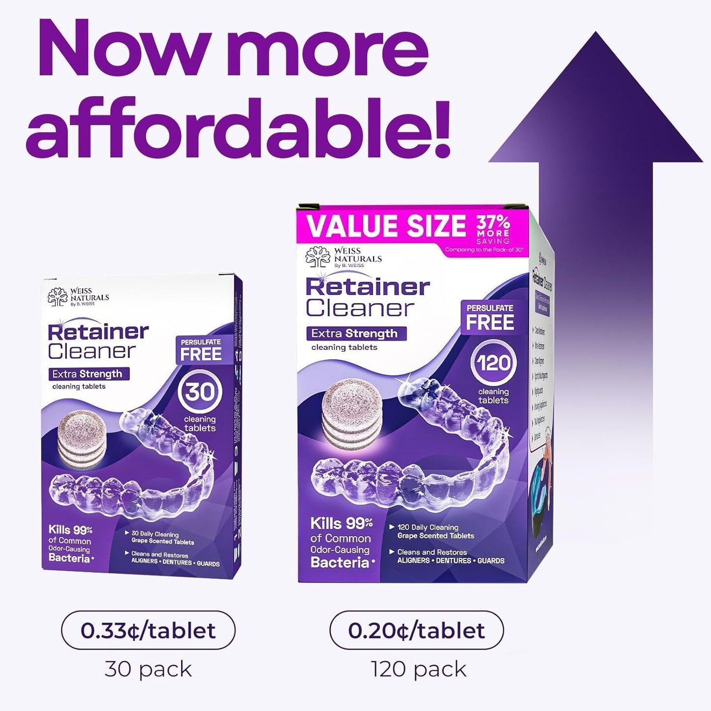 Weiss Naturals Retainer Cleaner Tablets, Invisalign Cleaner, Remove Stains, Odors & Plaque, PERSULFATE FREE Night Guard & Denture Cleaner 1-Month Supply, 30 Grape Scented Tablets