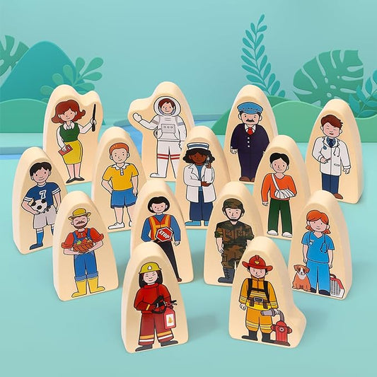 Atoylink 36Pcs Wooden Community Helpers Pretend Play Toys for Kids 3 4 5 6 Year Old, Wooden People Figures Blocks Occupations Dress up Toddlers Preschool Learning Toys Boys Girls Birthday Gifts