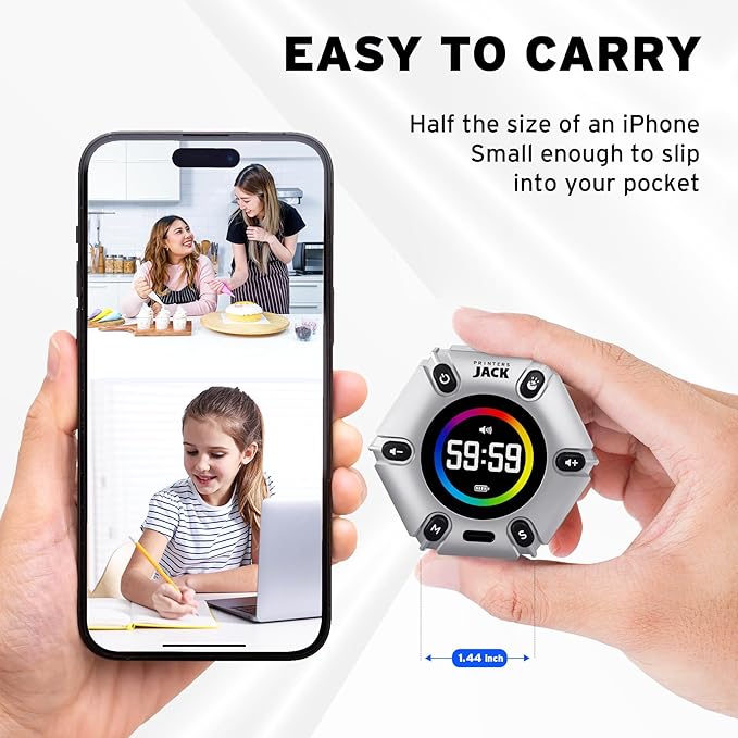 Jack Pomodoro Timer - Productivity Cube & Visual Focus Timer, Mute & Vibration & Adjustable Sound Alert, for Office, ADHD, Study & Work, 3/5/10/25/30/60min & Custom Countdown - Silver