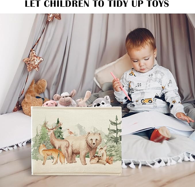 Rectangular Kids Storage Basket with Handles,Toy Baskets Storage Kids,Cute Animal Woodland Foldable Nursery Decorative Baskets for Kids Girls Room Dorm Bedroom Bathroom Clothes Toys Books