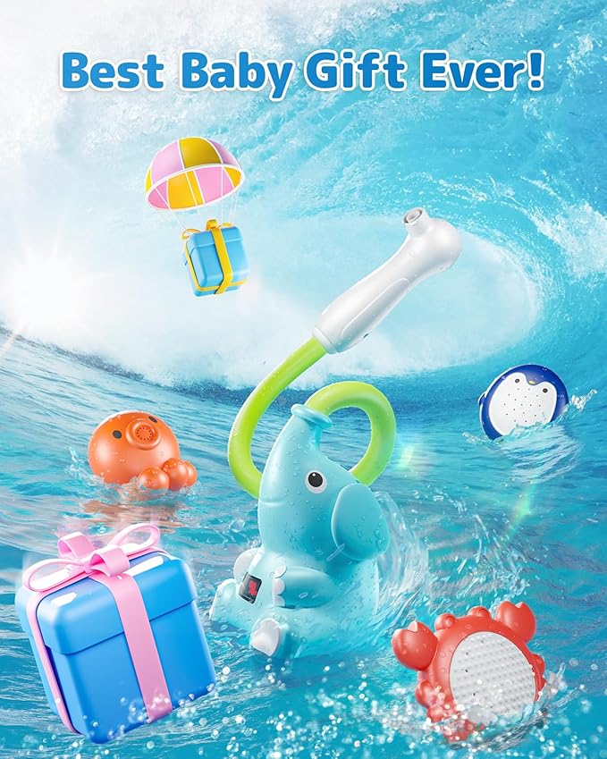 Baby Bath Shower Head with Water Thermometer, 3-in-1 Rechargeable Bath Toys, 3 Exchangable Shower Heads and Soft Silicone Baby Brush, for Newborns, Toddlers in The Tub or Sink - Automatic Ⅱ