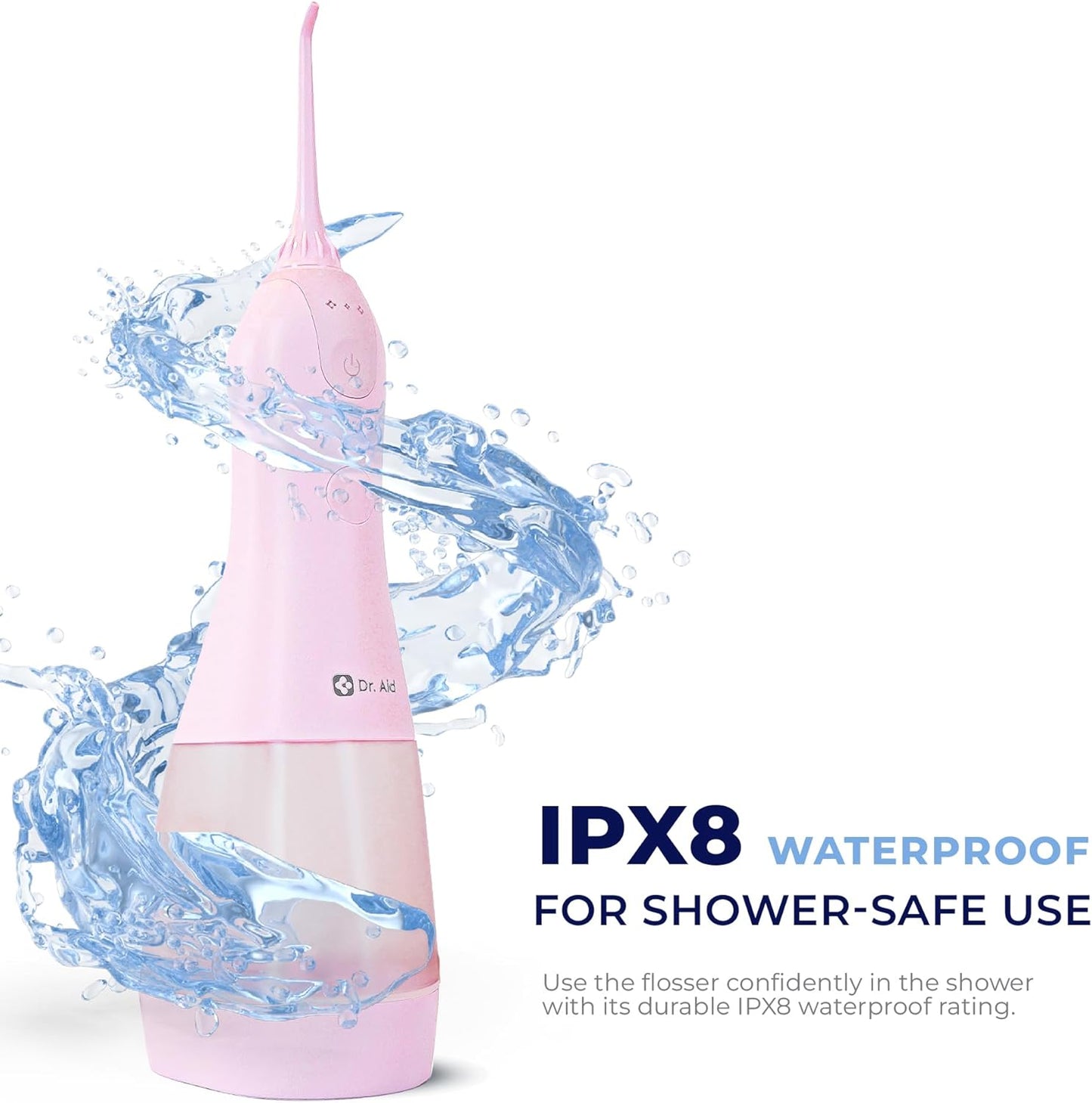 Dr. Aid Dental Water Flosser – Portable Oral Irrigator – 11Oz Tank, Water Filter, 5 Tips, Magnetic Charger – IPX8 Waterproof Cordless Water Flosser, Ideal Water Flossers for Teeth, Gums (Pink)