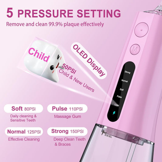 Water Dental Flosser OLED Display Cordless Teeth Cleaning MOCEL 5 Modes Oral Irrigator 300ML Portable and USB C Rechargeable IPX7 Waterproof Floss Teeth Pick (Pink)