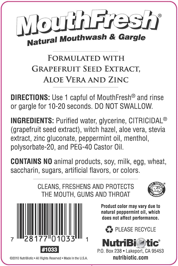 NutriBiotic MouthFresh, Refreshing Peppermint 16 Oz. Twin Pack | Natural Mouthwash & Gargle with Grapefruit Seed Extract, Aloe, Zinc & Witch Hazel | Fluoride-Free & Made Without GMOs & Gluten