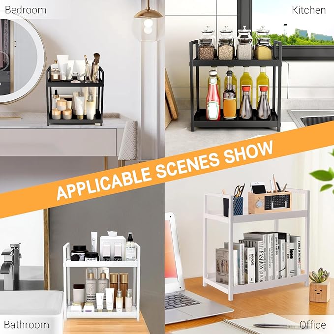 2-Tier Bathroom Counter Organizer with Basket, Vanity Tray Shelf, Bathroom Organizer Countertop, Vanity Organizer Bathroom Tray, Makeup And Skincare Organizers for Vanity, Kitchen Spice Rack (White)