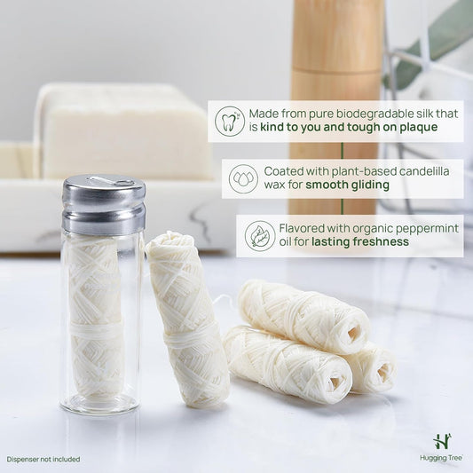 Natural Silk Dental Floss Refills | PFAS Free Dental Floss | Zero Waste Biodegradable | Mint (5 Pack, 33 Yards Each)