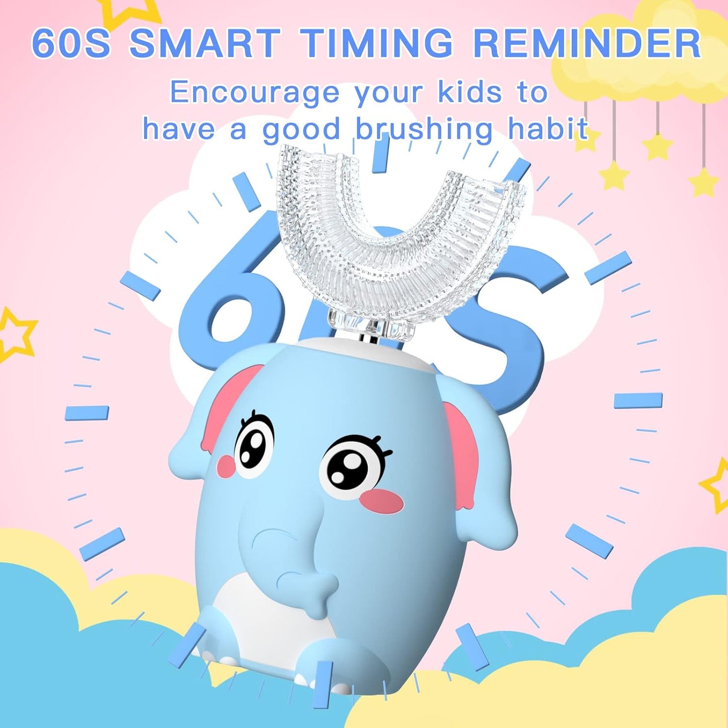 Kids Electric U Shaped Toothbrush Children Rechargeable Sonic Toothbrush with 4 Brush Heads Full Mouth 6 Cleaning Modes - (Age 8-15 Blue)