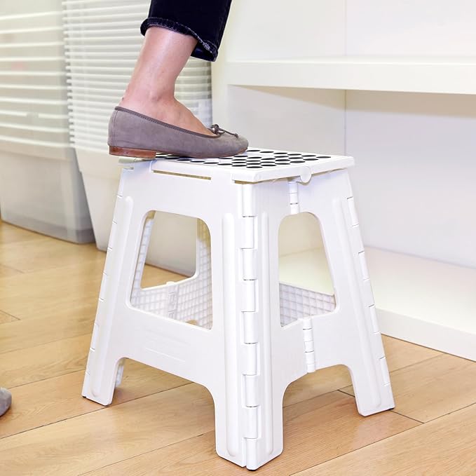 Kikkerland Rhino Foldable Step Stool – Holds Adults up to 300 Lbs, Best for Kitchen & Bathroom – Collapsible, Portable, Lightweight Stepping Stool with Sturdy, Non-Slip Design – White, 15”