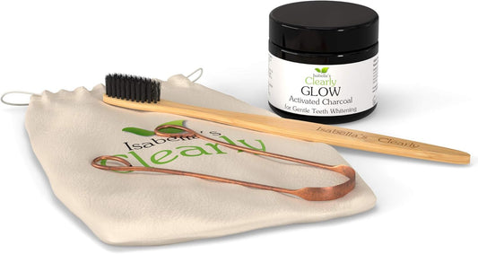 Glow Teeth Whitening Kit (4 Piece) | Pure Food Grade Activated Charcoal Powder + Bamboo Ultra Soft Toothbrush + Copper Tongue Cleaner + Eco Canvas Gift Bag