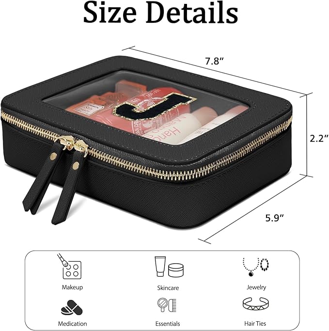 Initial Travel Toiletry Bag - Cosmetic Bags for Girls with Zipper, Clear & Potable Makeup Bag for Travel, Cosmetic Pouch Perfect Gifts for Graduation (Black, J)