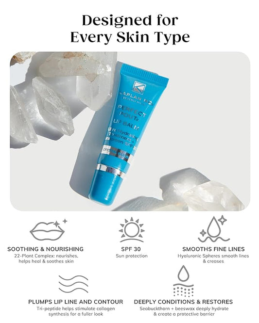 KAPLAN MD Perfect Pout SPF Lip Balm - Ultra Hydrating Lip Treatment for Dry, Chapped Lips - Sunscreen SPF 30 - Smooths Fine Lines - Glossy Finish - Non-Sticky Texture - Crystal Clear