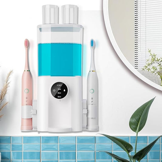 J.C&T Automatic Mouthwash Dispenser, 21.98 Fl Oz (650ML) Touchless Electric Wall-Mounted & Countertop, Rechargeable Mouth Wash Dispensers for Bathroom with Magnetic Cups for Kids & Adults, White