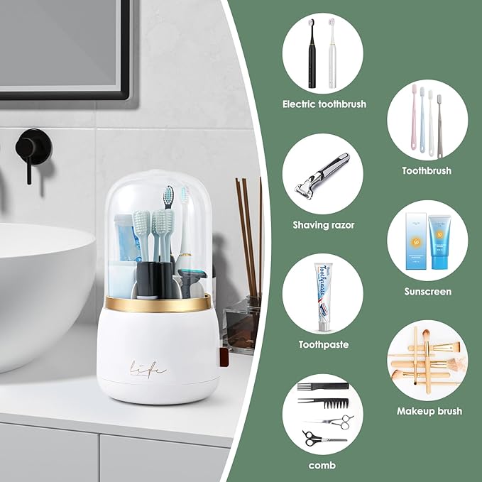 Toothbrush Holders for Bathrooms,Rotating 7-Slot with Cover and Draining Water,Kids Electric Toothbrush Holder and Toothpaste Stand Storage for Bathroom Accessories Counter Organizer Vanity