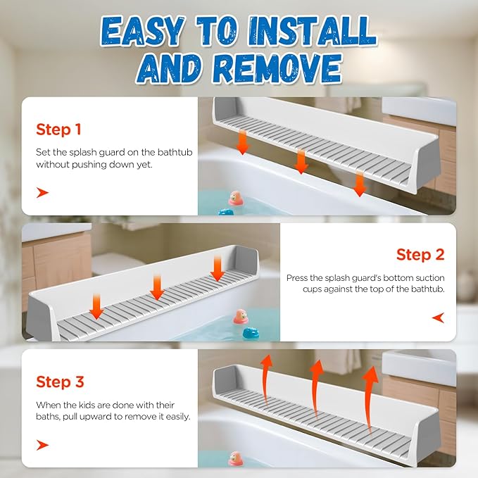 Splash Guard for Bathtub Kids - Silicone Bathtub Splash Guard with 11 Suction Cups, Bath Tub Play Shelf for Kids & Toy Holder, Prevent Water Spill in Bathroom, Fun Bath Time for Toddlers Baby, Gray