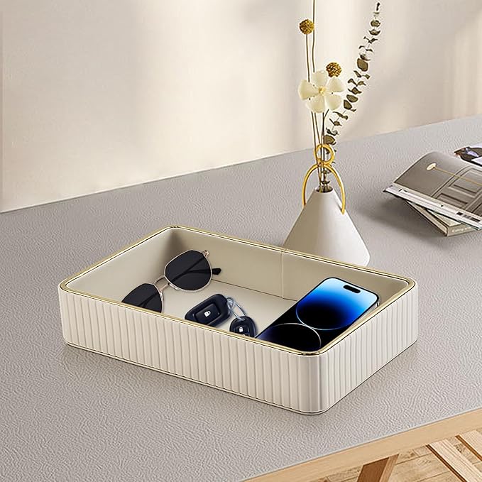 PU Leather Valet Tray,Desk Organizer Tray Nightstand Organizer Trinket Dish Storage Key Bowl Decorative Trays for Phone Wallet Jewelry Watch,Bathroom Bedroom Perfume Vanity Trays,Apricot