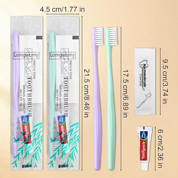 Disposable Toothbrushes, Toothbrush and Toothpaste, Toothbrush and Toothpaste Travel, Comes with Floss Picks, Individually Packaged, 2 Colors, Suitable for Hotel, Home, Camping, Travel (PACK-200)
