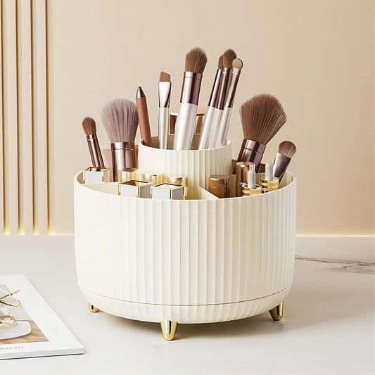 DASITON Large Capacity Makeup Brush Holder,360° Rotating Makeup Organizer,5 Slot Makeup Brushes Cup,for Vanity Decor,Bathroom Countertops,Desk Storage Container,Cosmetic Display cases(Cream)