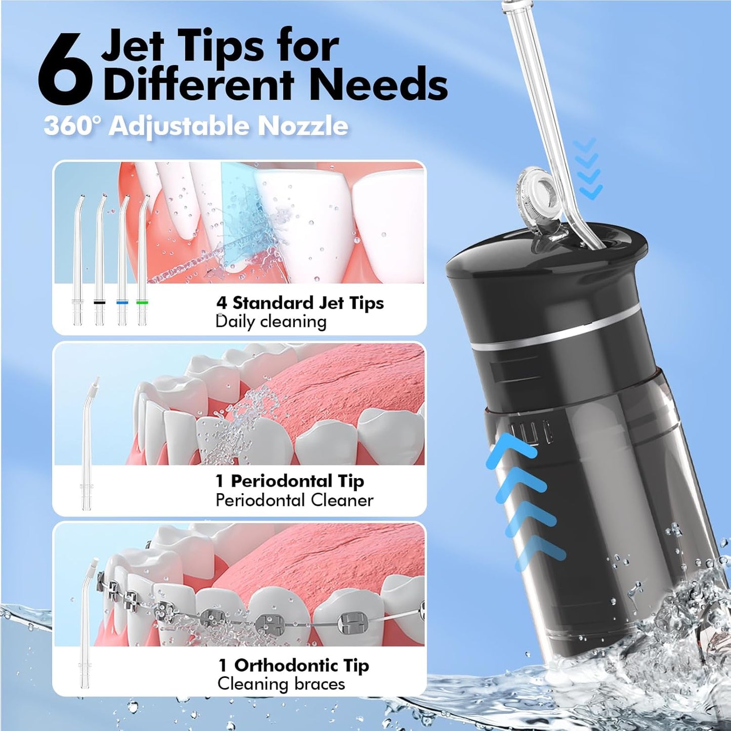 Water Flosser Mini Cordless Portable: 5 Modes Water Dental Floss with Telescopic Water Tank, 6 Tips, IPX7 Waterproof Oral Irrigator for Teeth Cleaning Gums,Orthodontic,Braces Dental Care (Black)