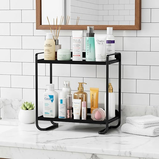 2-Tier Black Carbon Steel Bathroom Counter Organizer - Skincare Cosmetic Display Tray for Perfume, Makeup,Bathroom, Vanity Storage - Modern Countertop Organizer and Vanity Decor
