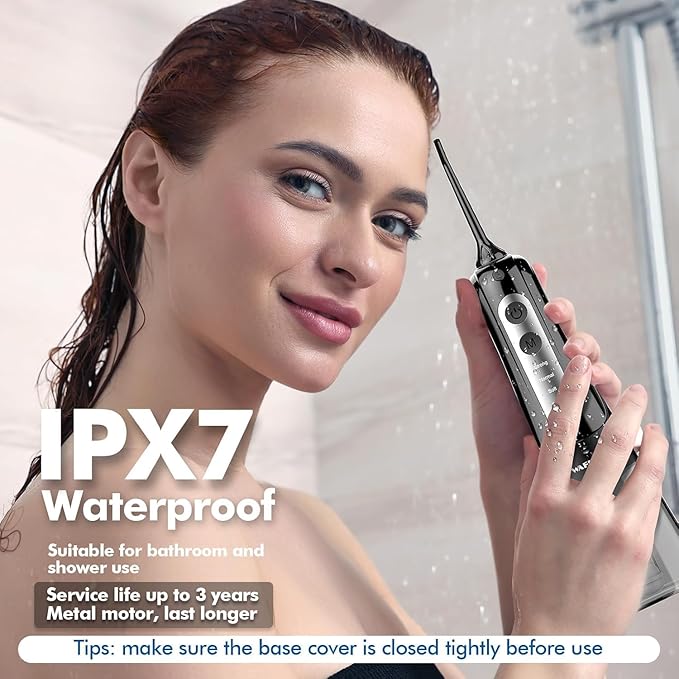 Cordless Water Dental Flosser for Teeth, with 8 Jet Tips, 300ML Tank Oral Irrigator Portable with 4 Modes IPX7 Waterproof Rechargeable Water Floss for Home Travel, Adults Teeth Cleaning (Black)