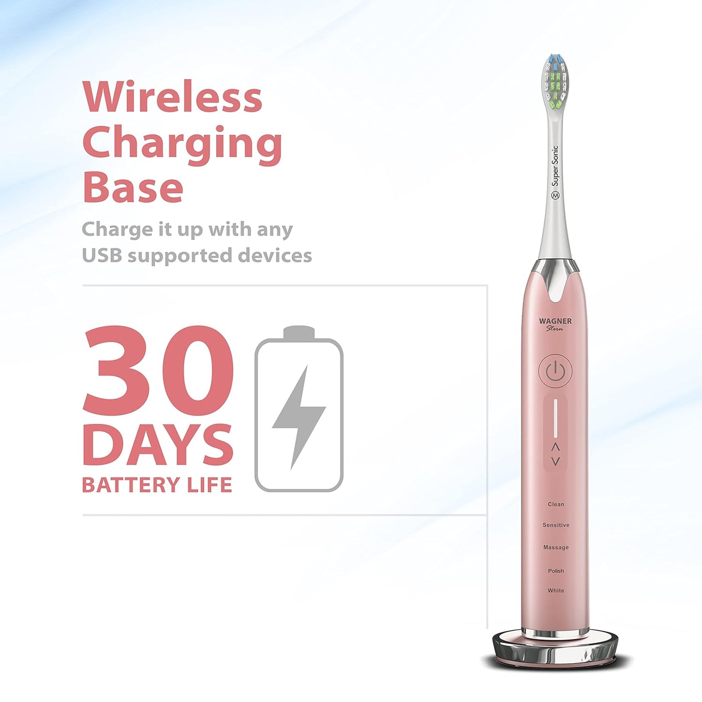Wagner Stern Ultrasonic whitening Toothbrush with Pressure Sensor. 5 Brushing Modes and 4 Levels of Intensity, 8 Soft bristles, Travel case.