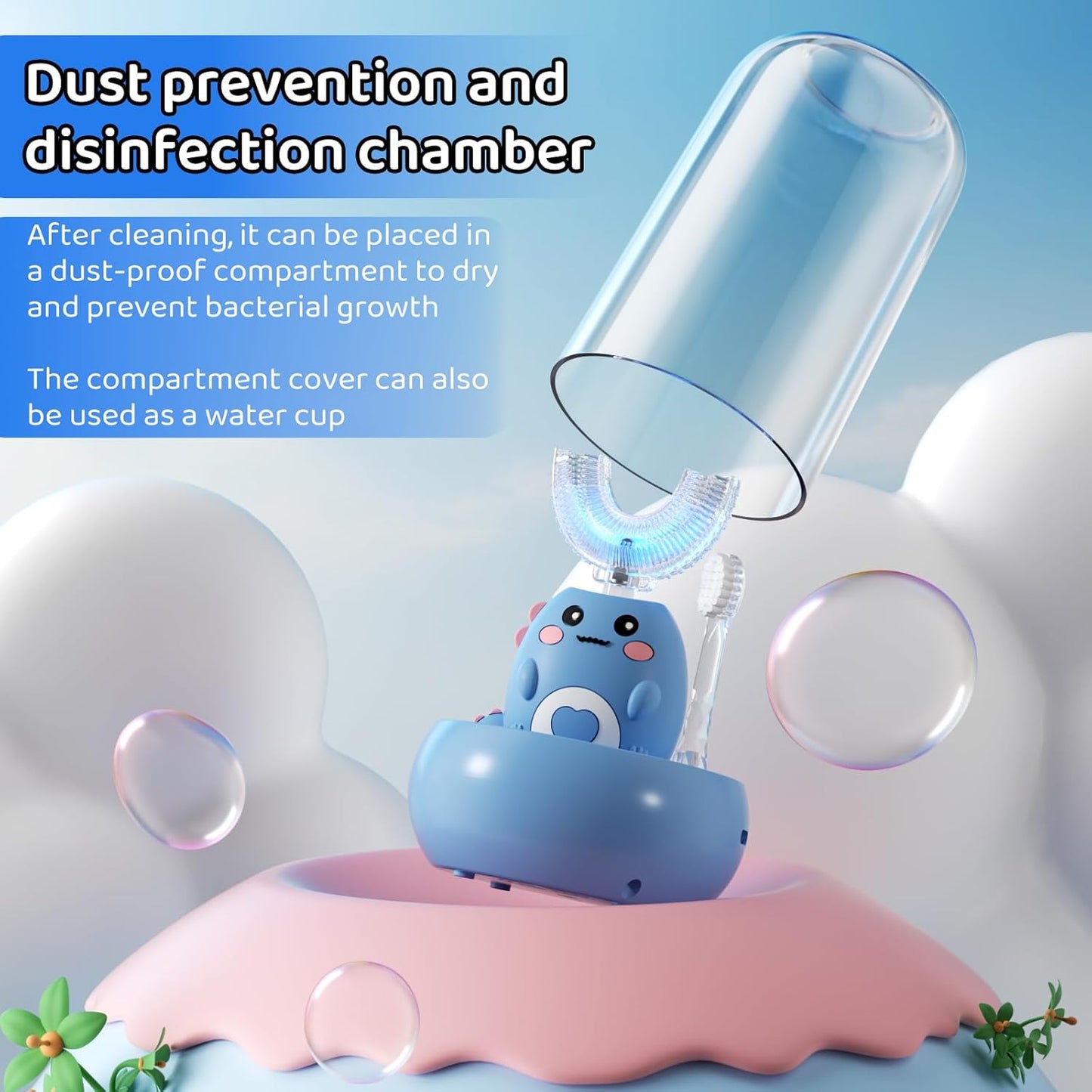 Kids U Shaped Electric Toothbrush, with 3 Cleaning Modes, with 4 Brush Heads, 360° Sonic Automatic Toothbrush, IPX7 Waterproof Cartoon Dinosaur Design (Ages 2-12)