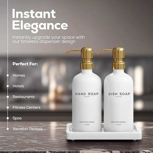 Luxury Glass Hand and Dish Soap Dispenser Set by Brighter Barns - Kitchen Soap Dispenser Set with Tray for Kitchen Sink - White and Gold Home Accessories & Decor for Restaurants, Airbnb, Gift (Gold)