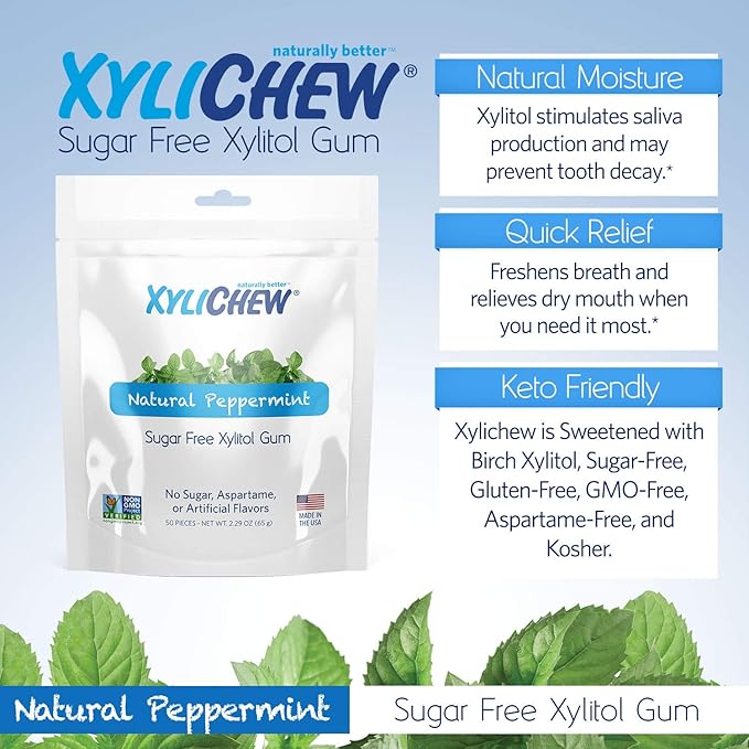 Xylichew 100% Xylitol Chewing Gum - Non GMO, Non Aspartame, Gluten Free, and Sugar Free Gum - Natural Oral Care, Relieves Bad Breath and Dry Mouth - Peppermint, 50 Count