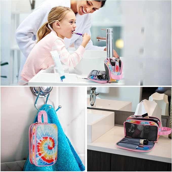 Kids Toiletry Bag for Girls, Travel Toiletry Bag for Little Young Girls Cosmetic Bag Makeup Bag Waterproof Hanging Wash Bag Toddler Toiletries, Tie Dye Pink