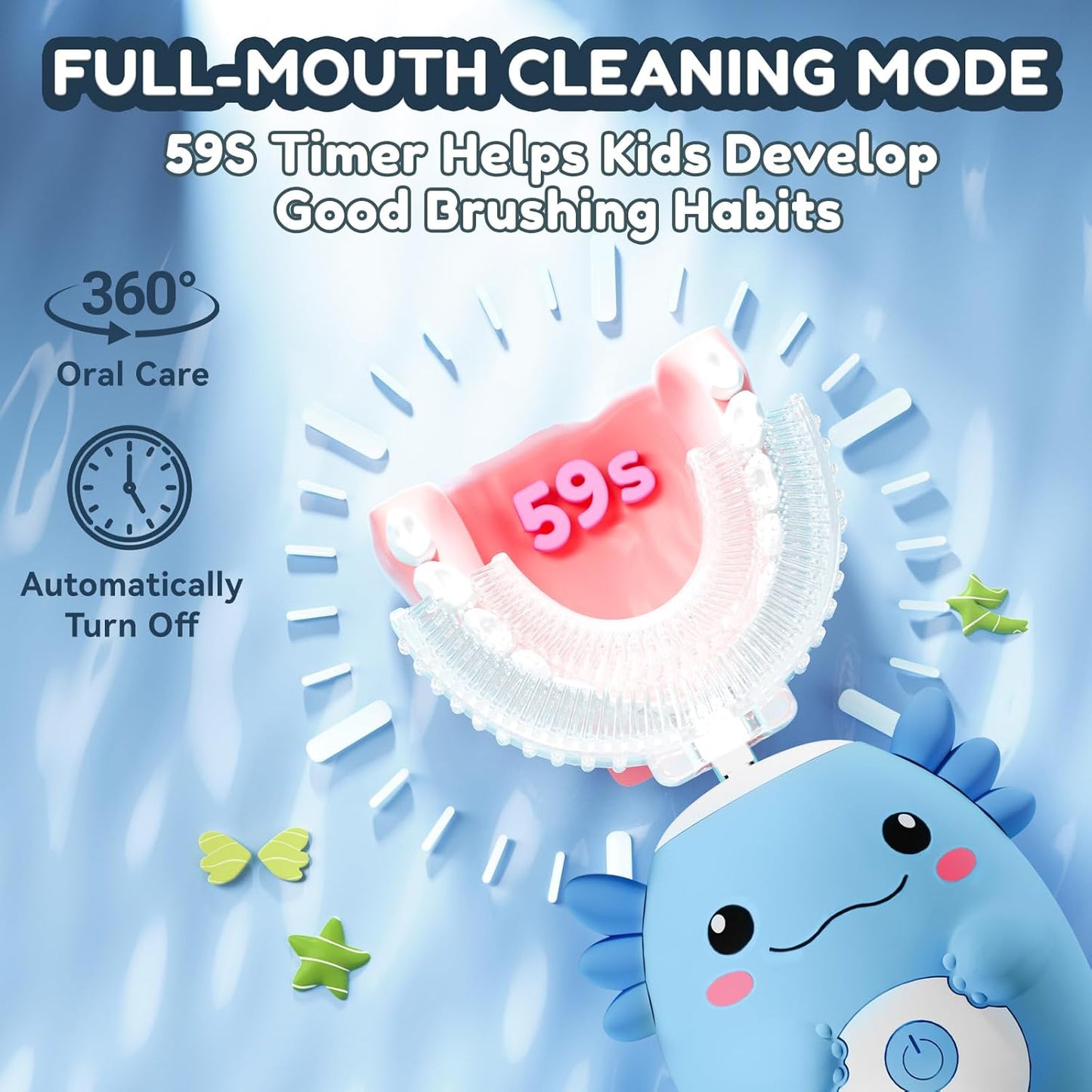 Kids Electric U Shaped Toothbrush - Axolotl Kids Sonic Toothbrush with 6 Brush Head Automatic Rechargeable 6 Cleaning Modes Full Mouth Cleaning-Blue