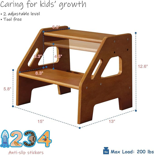 Wooden Toddler Step Stool for Bathroom Sink, Dark Wood Kids Toilet Step Stool for Toddlers Potty Training, Baby Child Stepping Stools with Handle for Kitchen Counter Bedroom Bed (Walnut Brown)