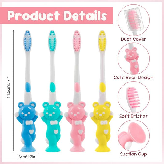 Toothbrushes for Kids In Bulk, Individually Wrapped Disposable Toothbrush Cute Manual Soft Bristles Children Toothbrush With Cover Suction Cup Toddler Toiletries Set for Home/School/Travel (8 Pack)