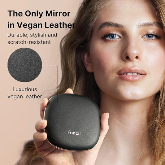 Fancii Mila 2 Compact Magnifying Makeup Mirror with LED Light, Rechargeable, 10x /1x Magnification, Tru-Glow Lighting System, Vegan Leather, Small Travel Mirror for Purses (Midnight Majesty)
