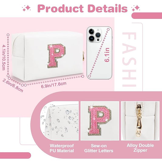 Small Initial Patch Makeup Bag Personalized Gifts Make Up Bag,White Cute PU Leather Glitter Letter Cosmetic Bag with Zipper,Trendy Portable Travel Toiletry Pouch,Preppy Stuff for Teen Girls Women P