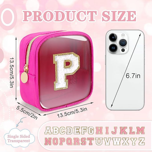 Mini Clear Personalized Initial Makeup Bag,Small Nylon Waterproof Zip Beach Cosmetic Pouch,Preppy A-Z Chenille Letter Patch Cute Coin Purse Travel Toiletry Bag Car Pack Bag for Women(Hot Pink-White P)