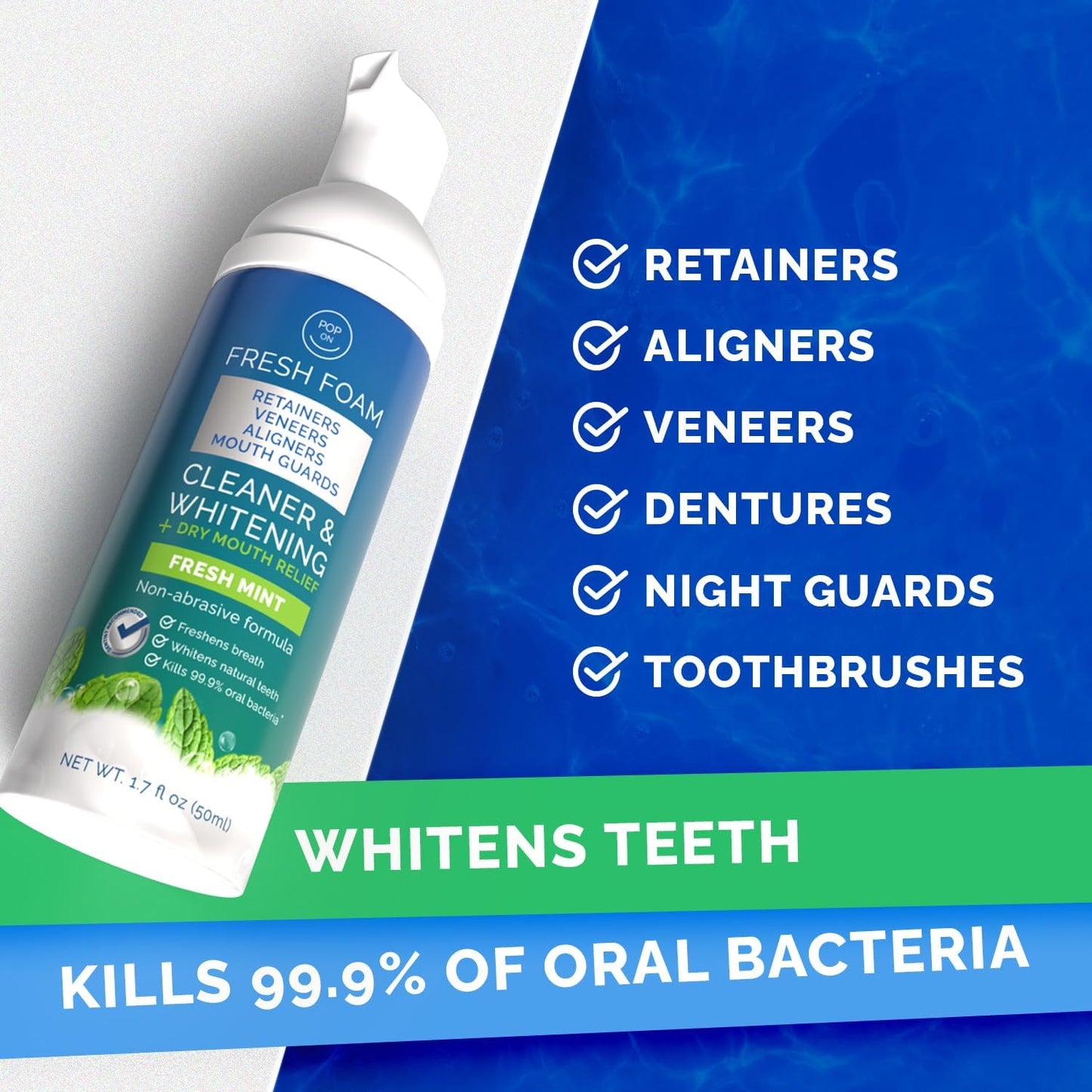 Aligner & Retainer Cleaner Foam β Dry Mouth Relief, Compatible with Invisalign, Aligners, Retainers, Mouth Guards, Night Guards, Veneers, Whitens, Freshens, 3% Hydrogen Peroxide, Mint - 50ml, 2 PC