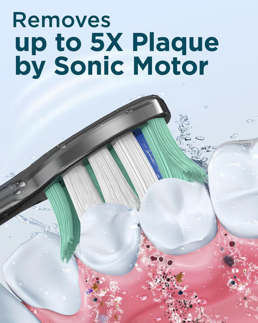 Rtauys M5 Sonic Electric Toothbrush for Adults and Kids - Rechargeable Toothbrush with Electric Toothbrush Cover, 8 Brush Heads & Travel Case, 120 Days Battery Life - BlackSilver