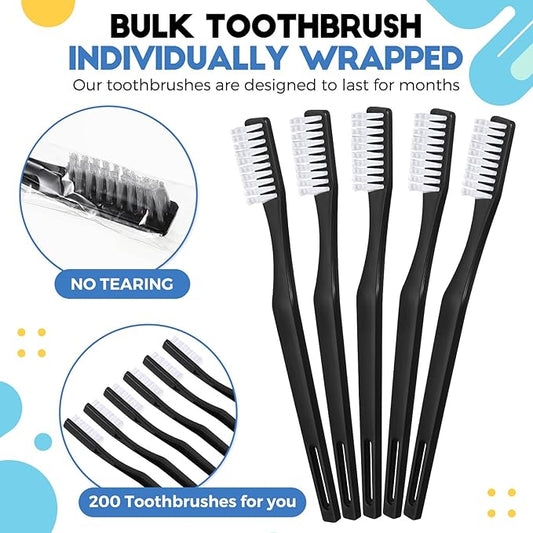 CHENGU 200 Pack Individually Wrapped Disposable Toothbrush Bulk Single Use Toothbrush with Soft Bristle for Women Men Adult Hotels Guest Travel Donation(Black)