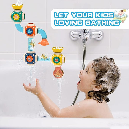 Bath Toys, STEM Baby Bathtub Toy with DIY Pipe Tubes, Cubes,Spoon, Lovely Cute Bathroom Time Spray Waterfall Shower Toy, Suitable for Toddlers Boys Girls 3 Years and up