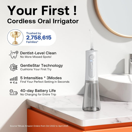 Bitvae Water Dental Flosser for Teeth, Rechargeable Water Teeth Cleaner Picks, 3 Modes 5 Intensities, IPX7 Waterproof, Oral Irrigator USB Cordless Water Dental Picks for Cleaning - Frost White