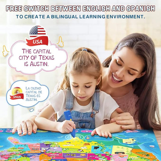 Bilingual Interactive for Kids Talking USA Map for Kids Learning, Geography Toys Games Educational Electronic Map Christmas Personalized Gift/Toys for 4 5 6 7 8 9 10 Year Old Girls/Boys