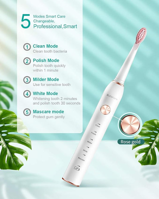 High Vibration 38000VPM Sonic Electric Toothbrush for Adults with Timer Dupont Brush Heads Ultra Whitening 5-Modes - White