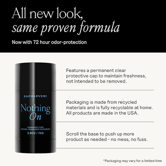 Each & Every Aluminum Free Deodorant for Men & Women, Unscented - Fragrance-Free All Natural Deodorant for Sensitive Skin, EWG Verified - Clean, Baking Soda-Free, Plant-Based Fragrance - 2.5oz, 2 Pack