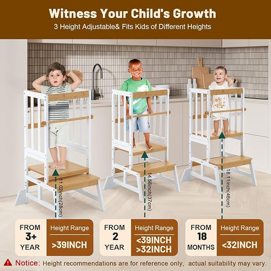 COSYLAND Toddler Standing Tower - Adjustable Height Toddler Kitchen Stool Helper - Kids Kitchen Step Stool for Learning with Removable Safety Railing White & Natural