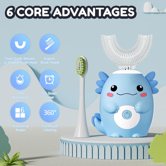 Kids Electric U Shaped Toothbrush - Axolotl Kids Sonic Toothbrush with 6 Brush Head Automatic Rechargeable 6 Cleaning Modes Full Mouth Cleaning-Blue