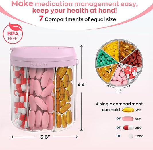 Pill Dispenser with 7 Large Compartments, Pill Organizer for Travel, Supplement Organizer with Anti-Mixing Design, BPA-Free Pill Container with 20 Pcs Labels, Blue+Pink