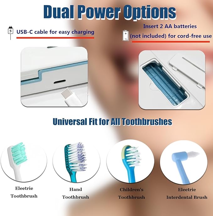 UV-C Toothbrush Case for Travel, Portable Toothbrush Case with Holder, USB-C or AA Battery Powered, Plastic Tooth Brush Container Cover for Household STB-062 Blue