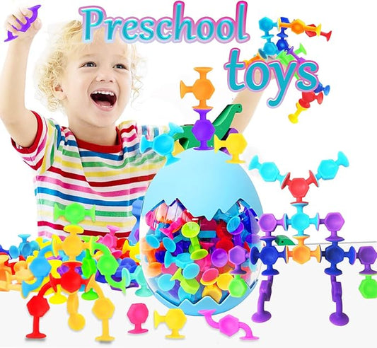 100pcs Suction Bath Toys for Baby Kids, Bath Toy Silicone Construction Building Blocks Montessori Sensory Toy for 3 4 5 6 7 8 Years Old Toddlers Boys Girls with Egg Storage…