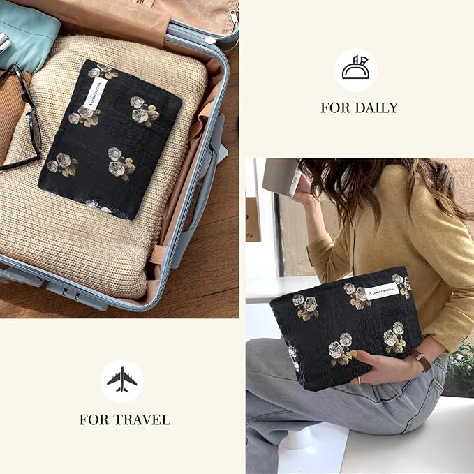 STARDW Aesthetic Floral Makeup Bag Cute Small Cosmetic Bags for Women Girls, Travel Toiletry Bag Large Capacity Zipper Makeup Pouch, Purse Organizer Pouches (Rose Vintage)